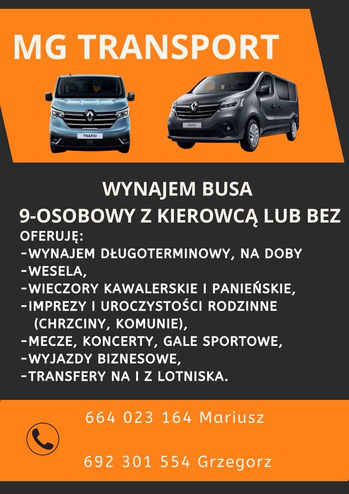 Wynajem busów 9os z kierowca lub bez/przewóz osób