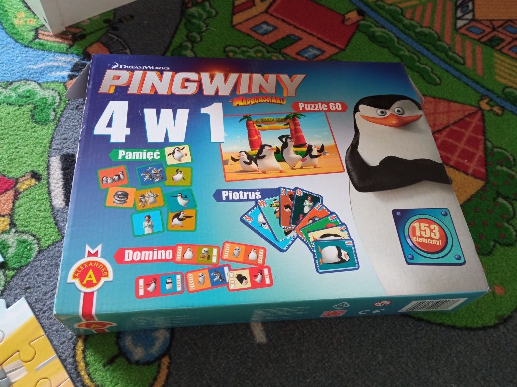 Pingwiny z Madagaskaru Gra 4 w 1 memo, puzzle, piotruś, domino
