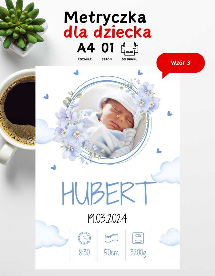 Metryczka dla dziecka chrzest, urodziny ze zdjęciem do druku A4