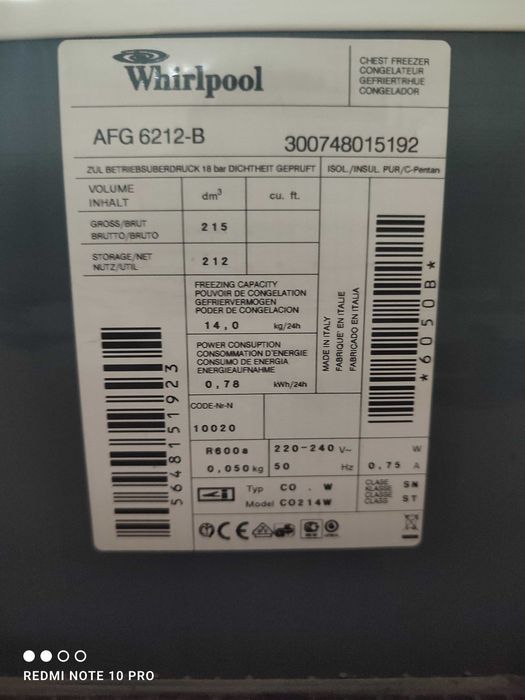 Zamrażarka skrzyniowa Whirlpool 212 litrów - AFG 6212-B