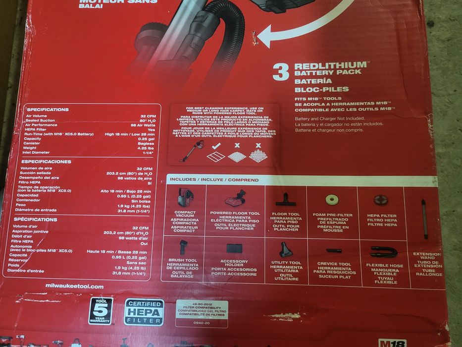 Milwaukee 0940 М18 0940-20 M18 FCVL-0 порохотяг пилосос