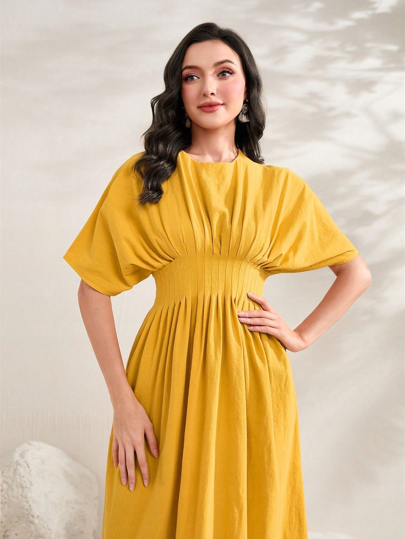 Sukienka Rozkloszowana Marszczona Midi Bawełniana Żółta Casual Shein S