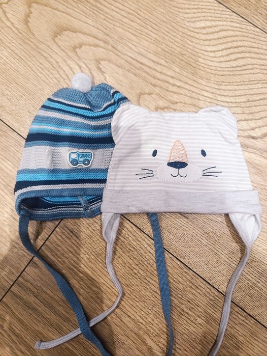Zestaw 2x czapka z wiązaniem szara niebieska | 46cm 3-6msc