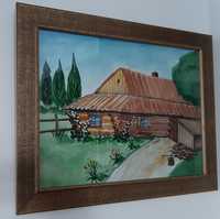 AKWARELA 30x40cm obraz #wieś #drewniana chata #malwy