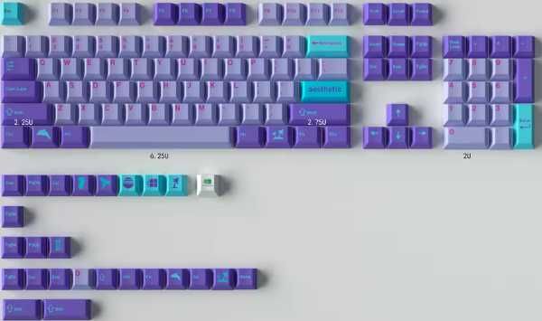 Przyciski - keycapy PBT vaporwave - różowe, fioletowe, niebieskie.