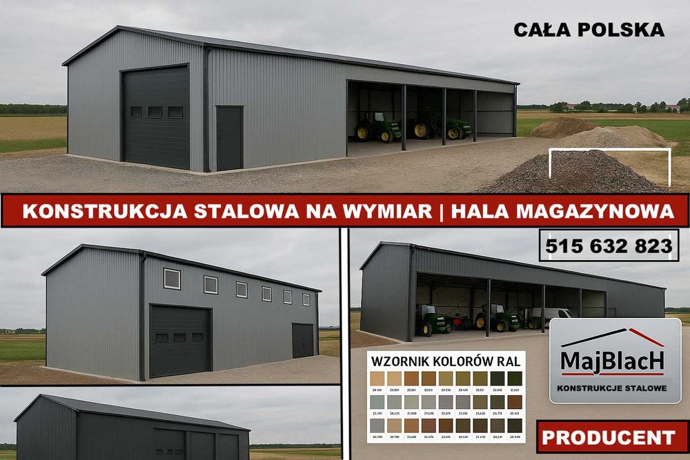 Popielaty Garaż Blaszany Dwuspadowy |Wiata | Hala |Magazyn - Maj-Blach