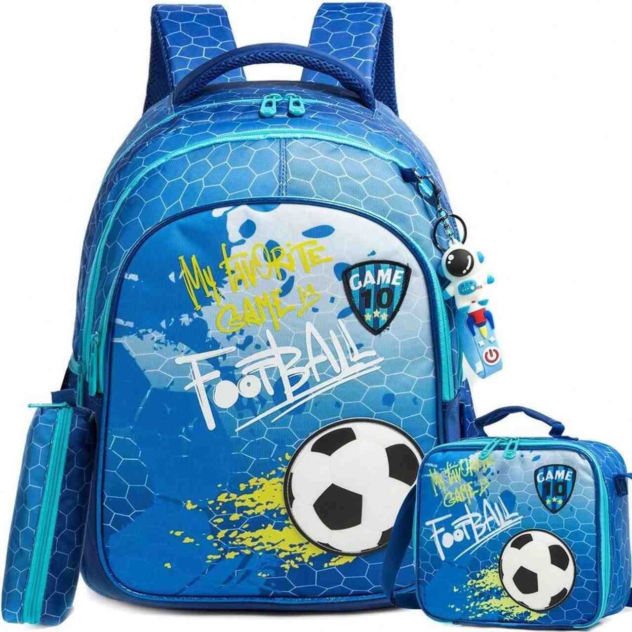 Pack Escolar futebol 3 peças Mochila Grande + Lancheira + porta lápis