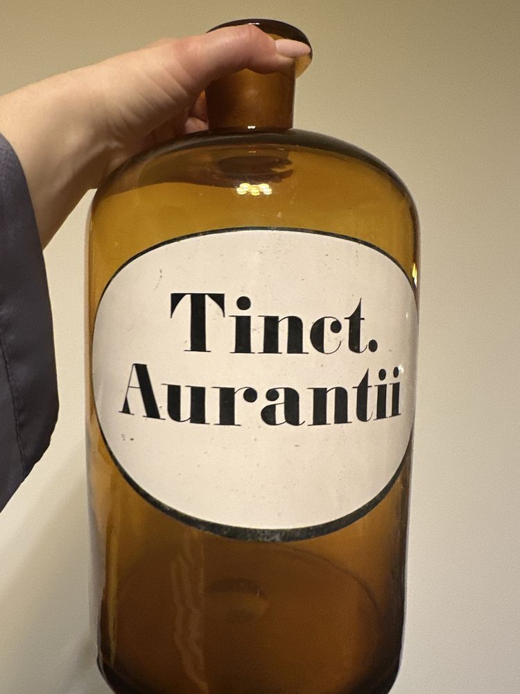 Vintage szklana butelka słój apteczny na leki oldschool tinet aurantii