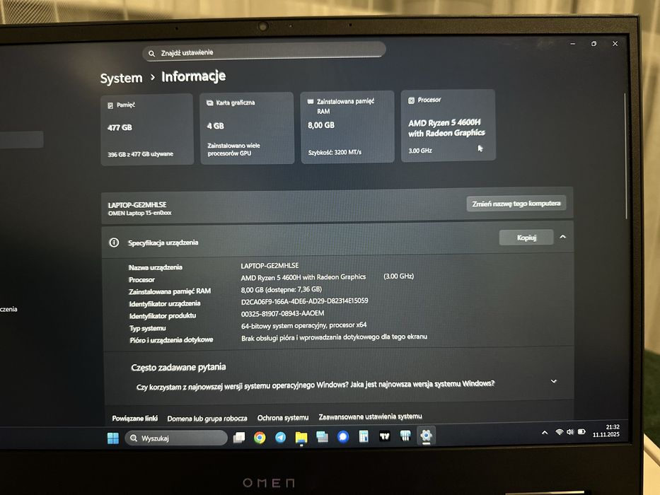 Laptop gamingowy HP Omen 15’ 1650ti