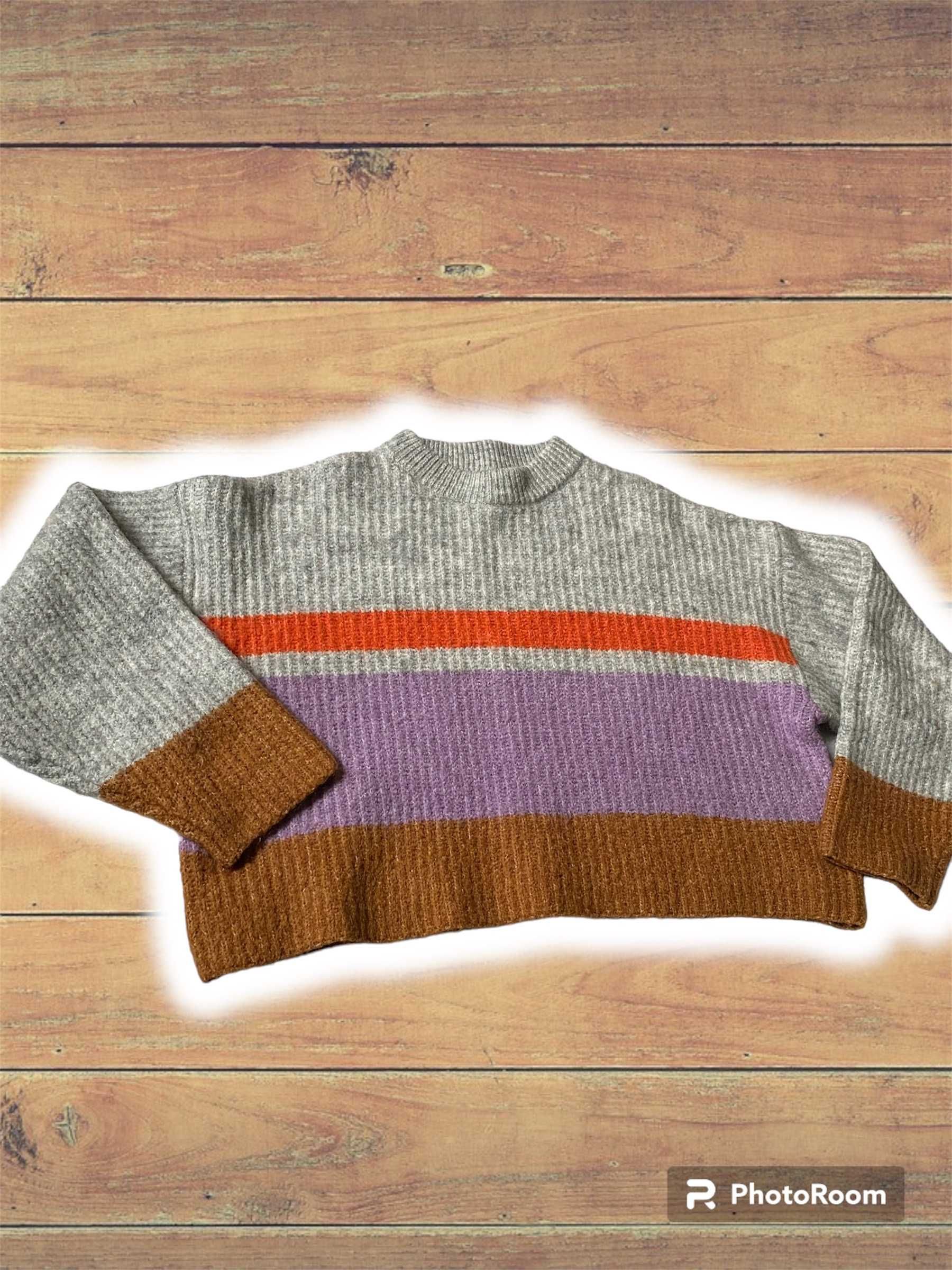 Sweter z półgolfem, szary w paski, krótki, 10% wełna, vintage 38/M