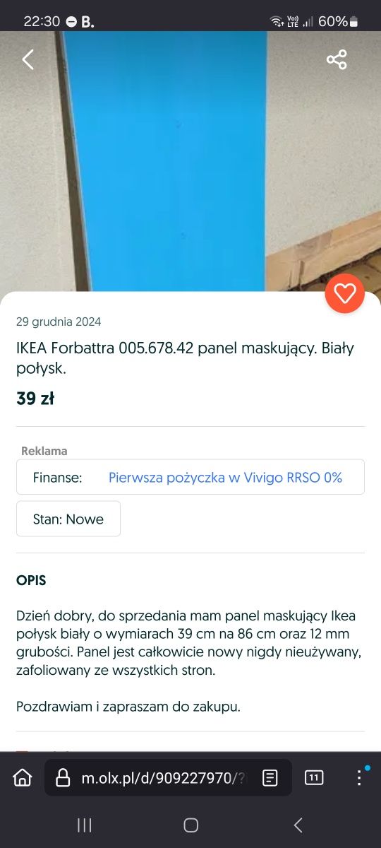 IKEA Forbattra 005.678.42 panel maskujący. Biały połysk.