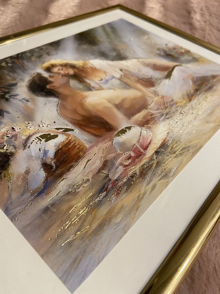 Obraz artystyczny bogaty w detale para zakochanych złota rama 20x25 cm