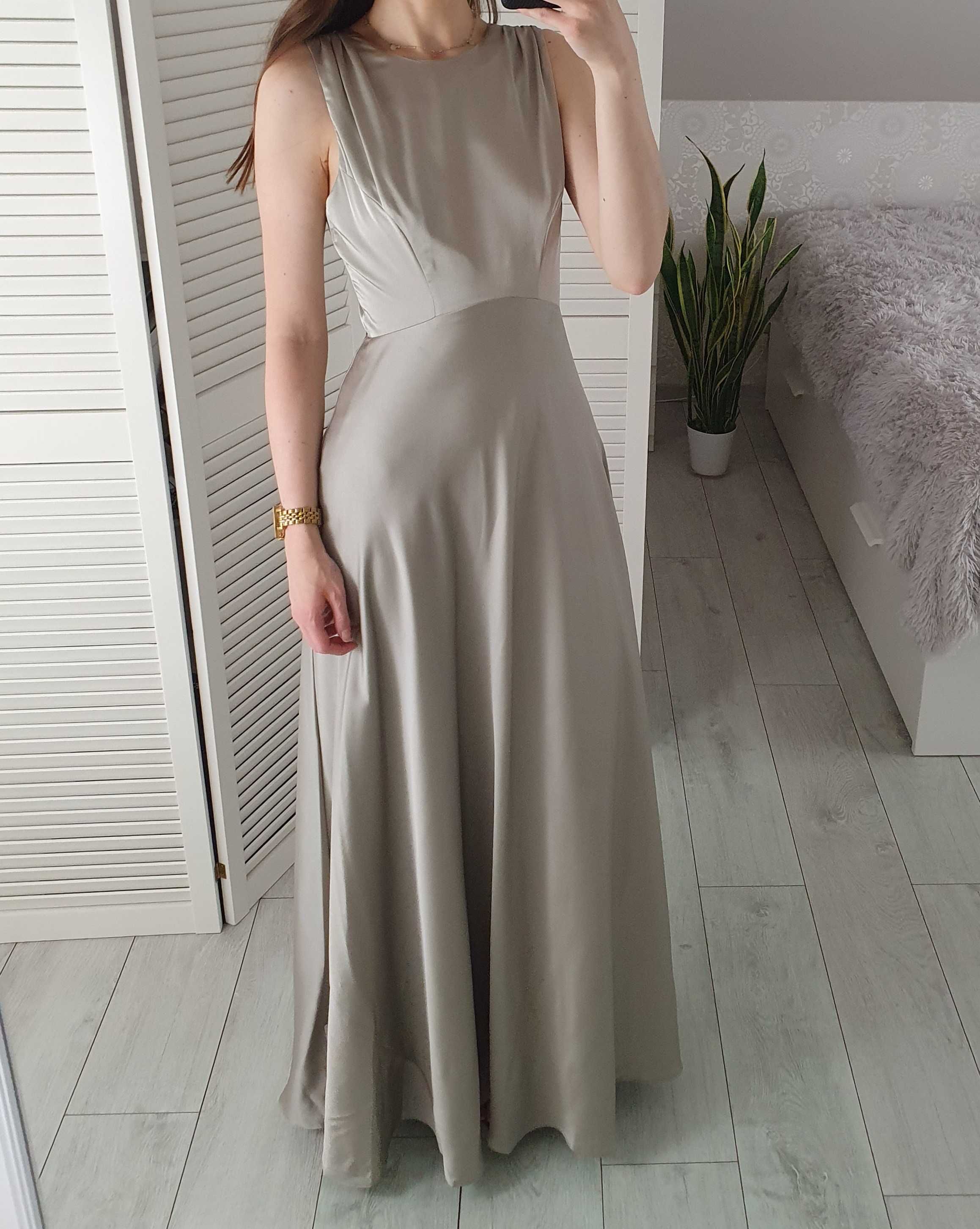 Asos 34 XS satynowa sukienka maxi wiązane plecy elegancka na wesele