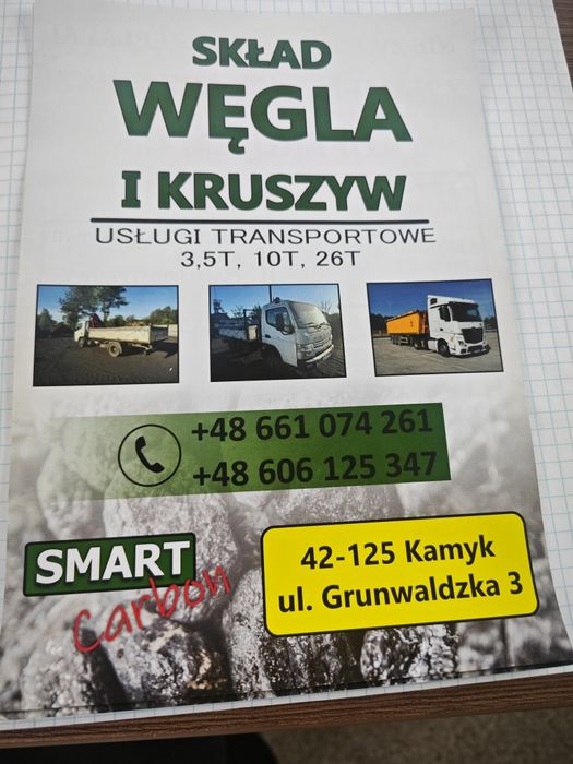 Węgiel, pellet, kruszywo, piach, kamień dekoracyjny