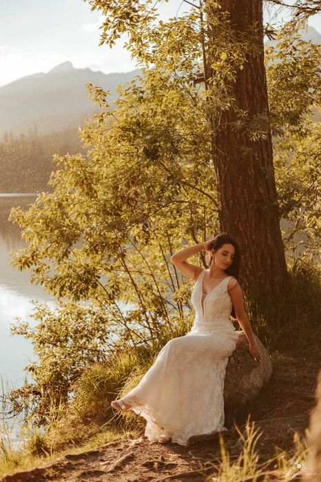 SUKNIA ŚLUBNA Rybka Agnes 34/36 Śmietanka Koronka