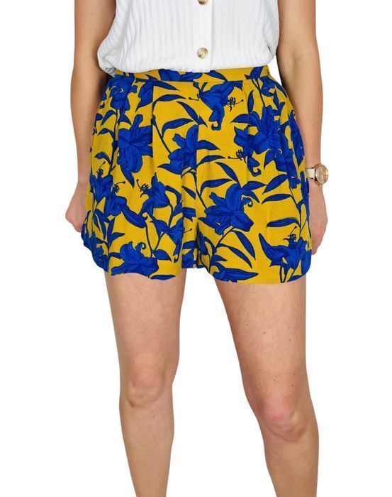 Musztardowe szorty w niebieskie kwiaty z wysokim stanem XS 34 H&M