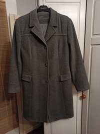 Szary wełniany płaszcz r. 38, taliowany