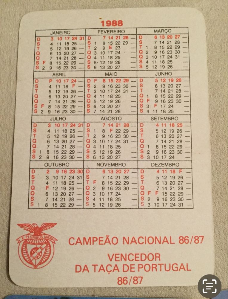 Calendários do Benfica - Ano 1988