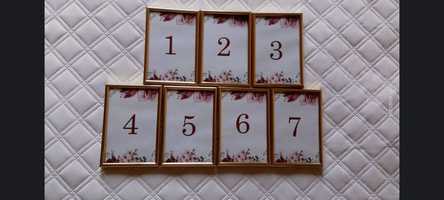 Numery stołów 1-7 wesele ślub złote ramki