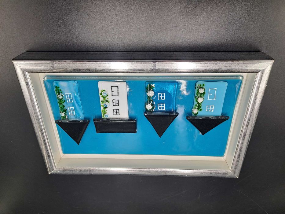 Obraz szkło Murano szklane domki domy na szklanej tafli srebrna rama