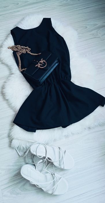 Piękny 100%len dobra metka  czarny zwiewny kombinezon sukienka spódnic