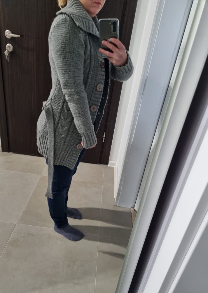 Kardigan Swetr sweter długi  wzór warkoczem S M XS ciążowy ciężarnych