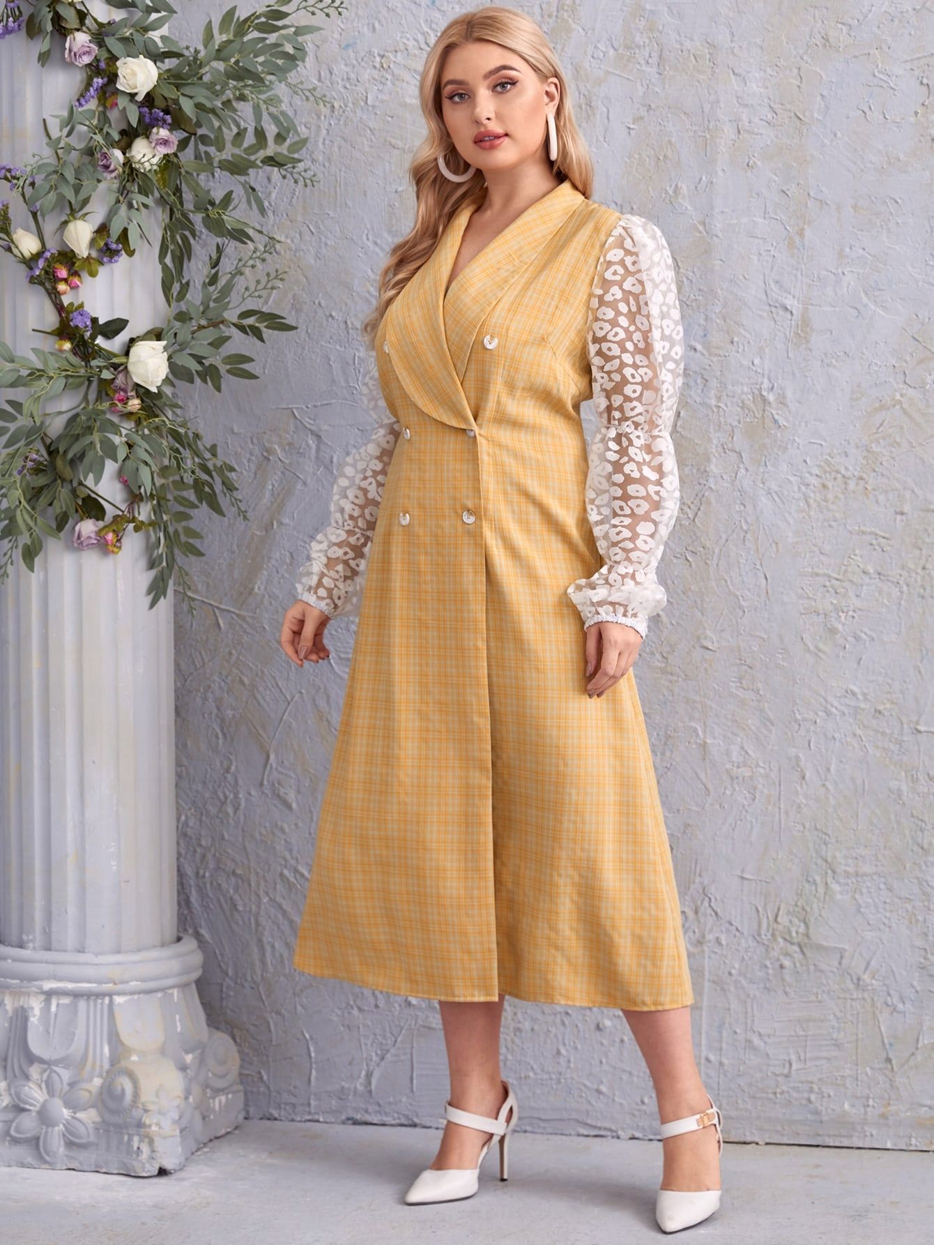 Sukienka Marynarkowa Maxi W Kratkę Z Siateczkowymi Rękawami Shein 4Xl