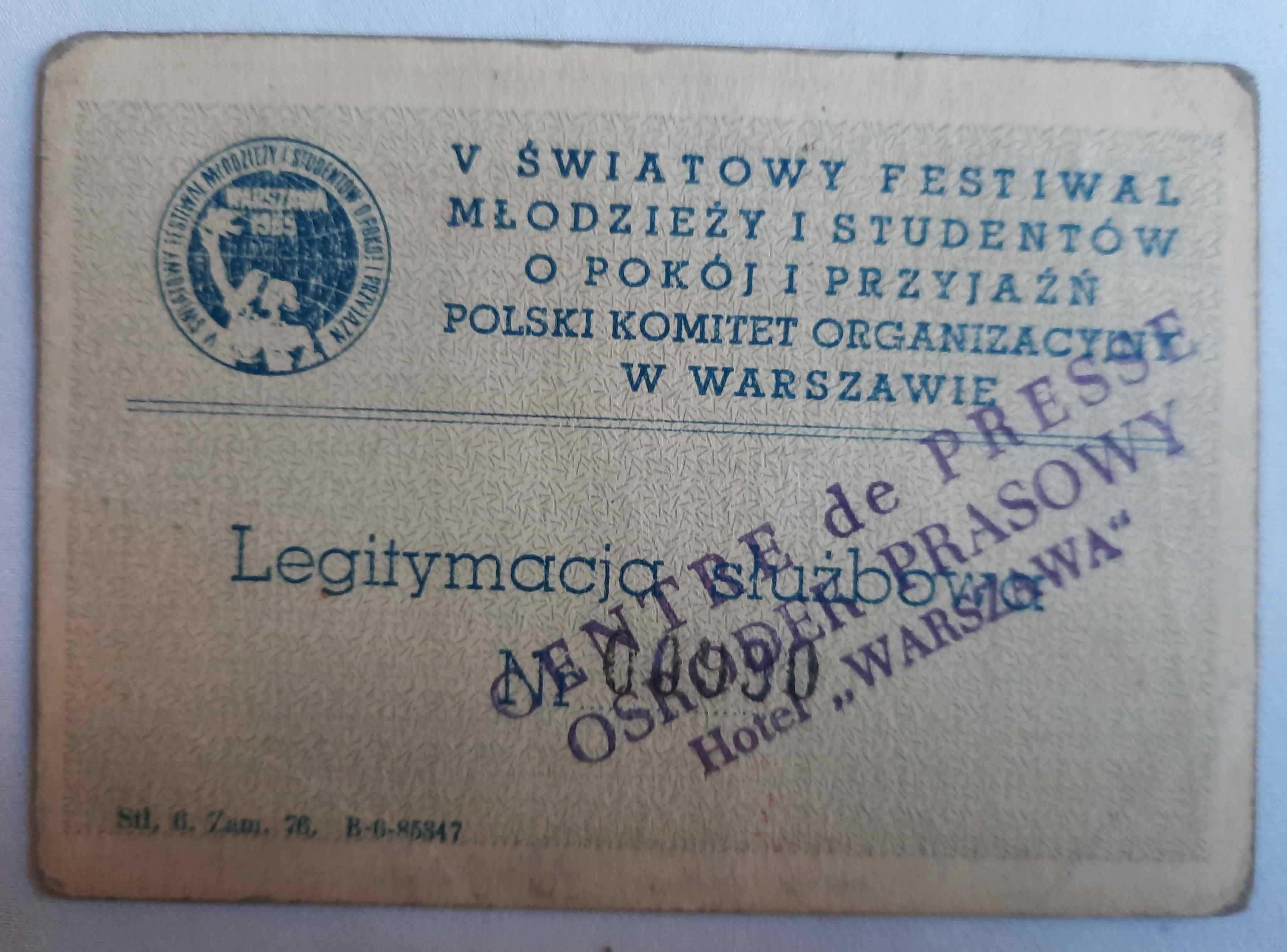 Legitymacja Biuro Propagandy V Światowy Festiwal Młodzieży i Studentów
