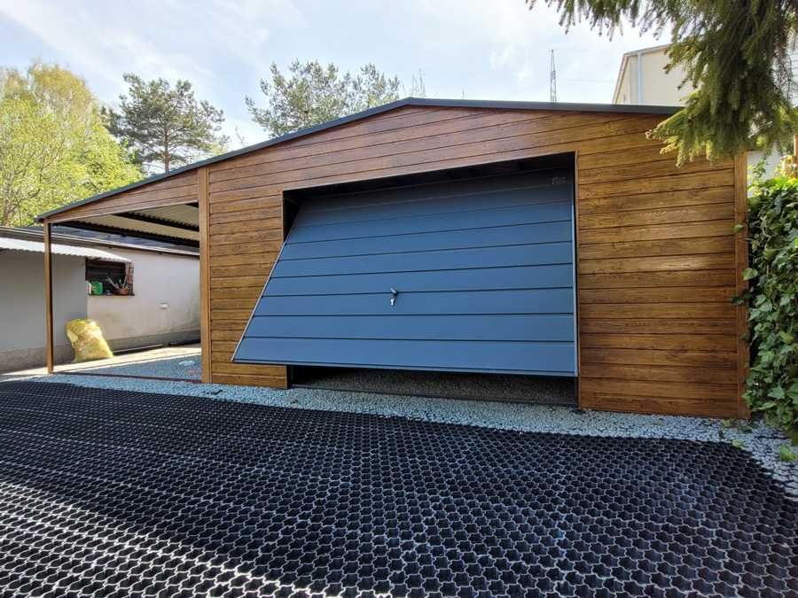Garaż 5x5 + 3m wiata boczna akrylowy drewnopodobny blaszany zadaszenie