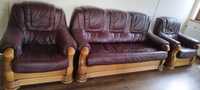 Wypoczynek skórzany kanapa + 2 fotele drewno dąb