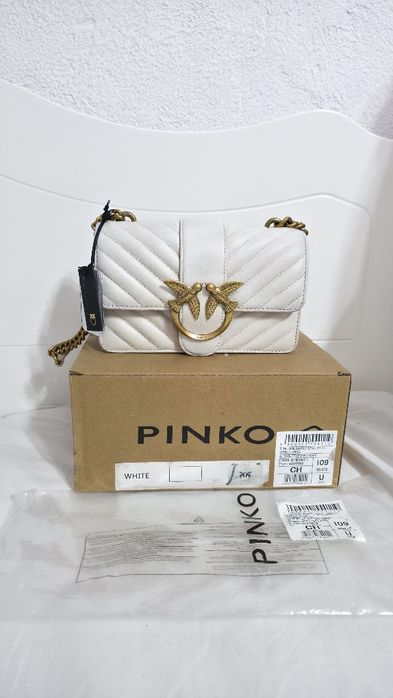 Biała skórzana torebka Pinko love mini chevron na ramię do ręki
