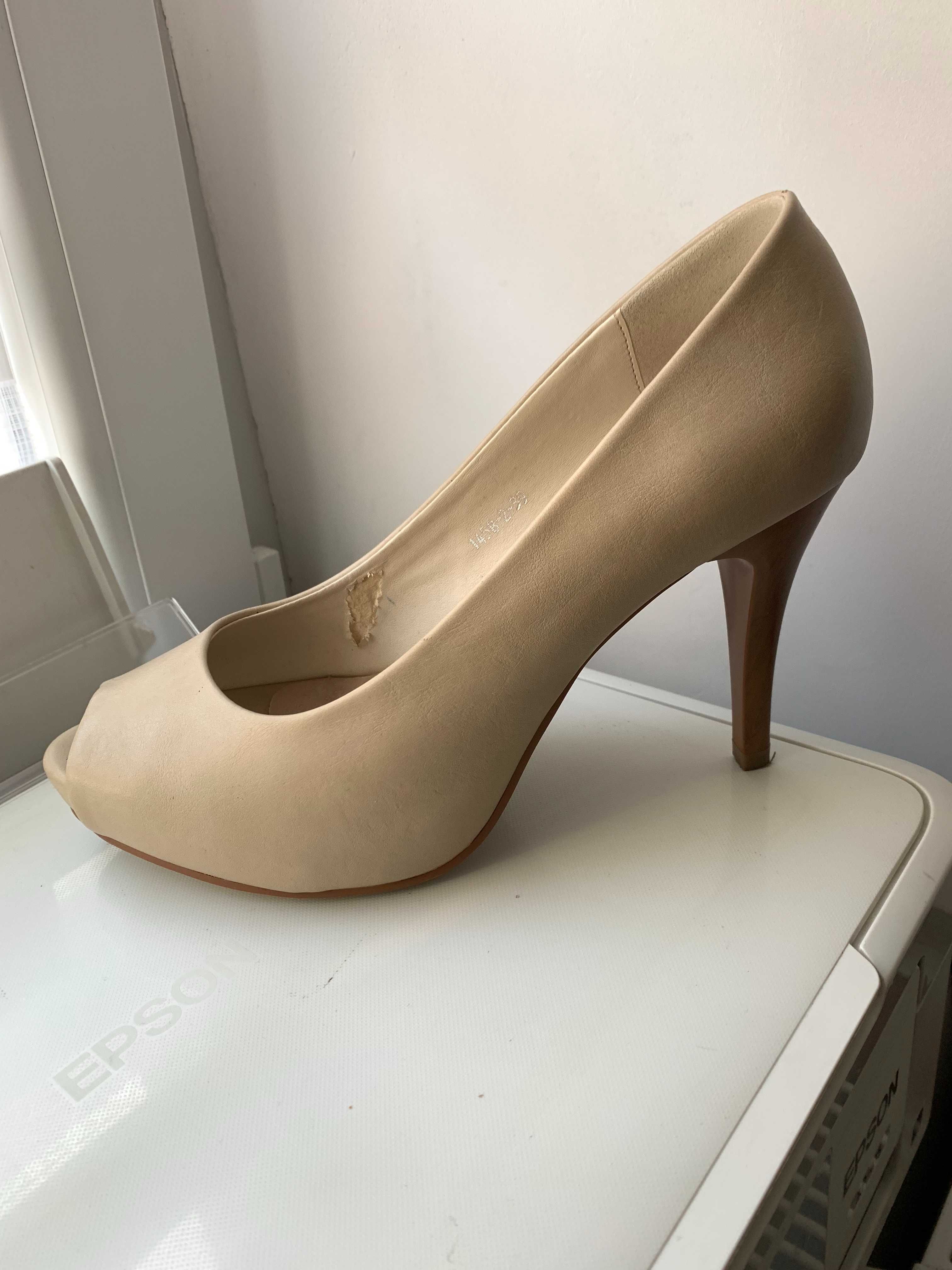 buty szpilki 10cm 39 nude beż beżowe platformy peep toe odkryty palec