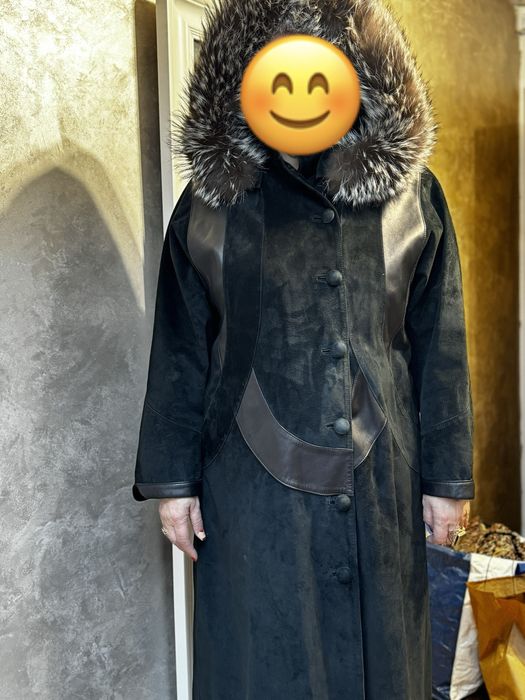 Czarny długi zamszowy płaszcz z futrem XL XXL