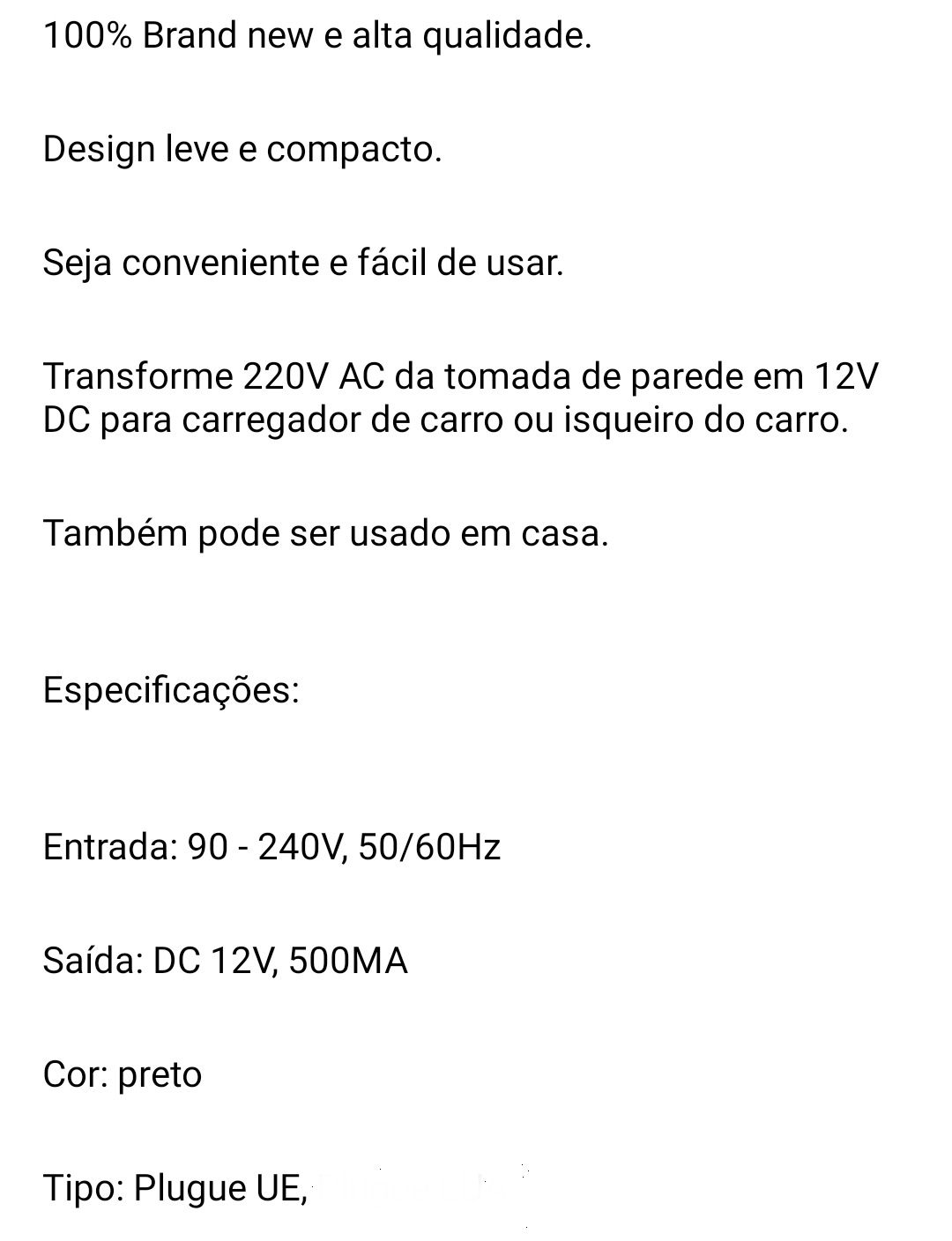 Conversor acessórios AC 220v para DC 12v