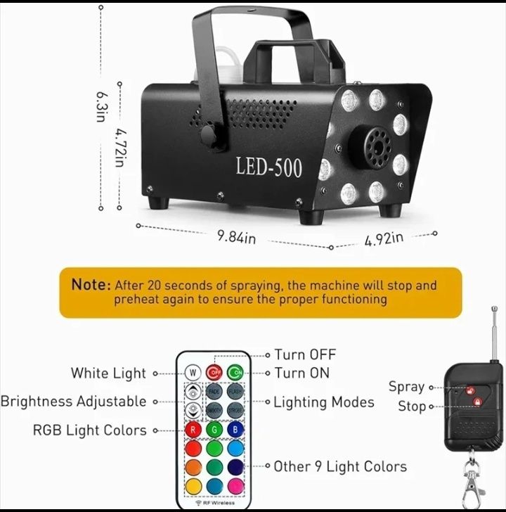 Máquina de Fumo 500W c/ 18 LEDs e Controlo Remoto