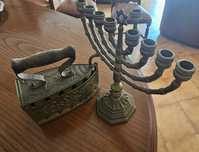 Menorah em bronze e ferro antigo  a carvao tambem em bronze