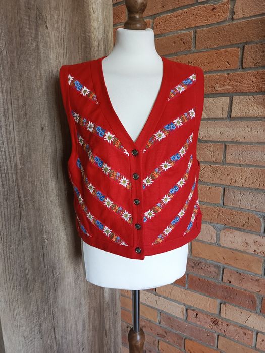 czerwona kamizelka w kwiaty lniana vintage L haftowana Perry unikat