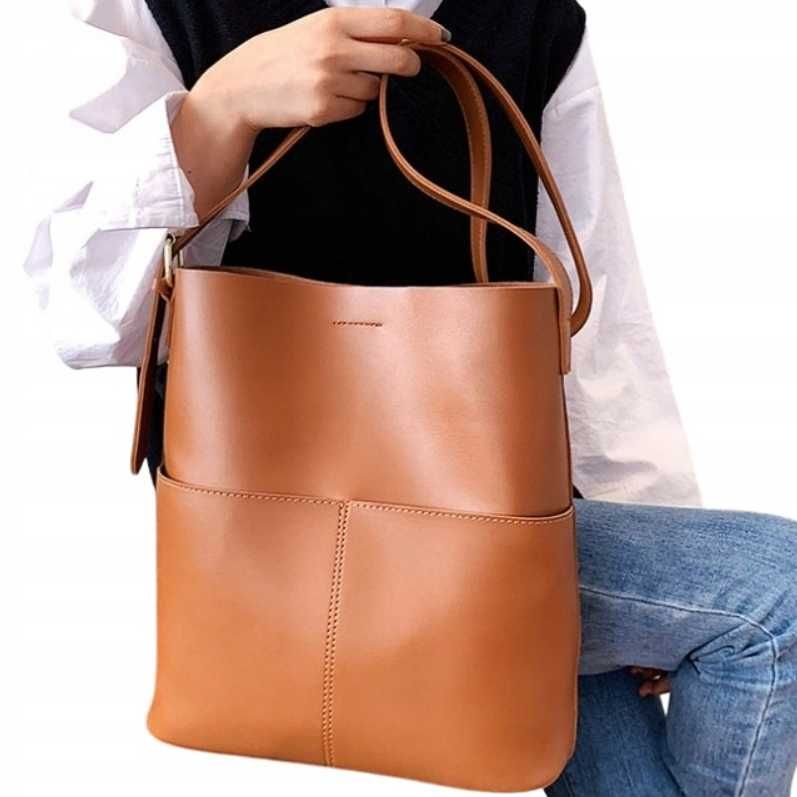 Torebka Damska Torba na Ramię Brązowa Pojemna Shopper A4 Eko Skóra