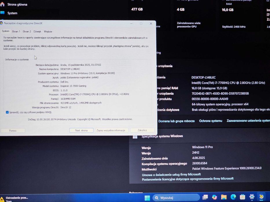 Dell Inspiron 15 Gaming 15,6" /i7/16Gb DDR4/GTX 1050Ti 4Gb/500Gb SSD