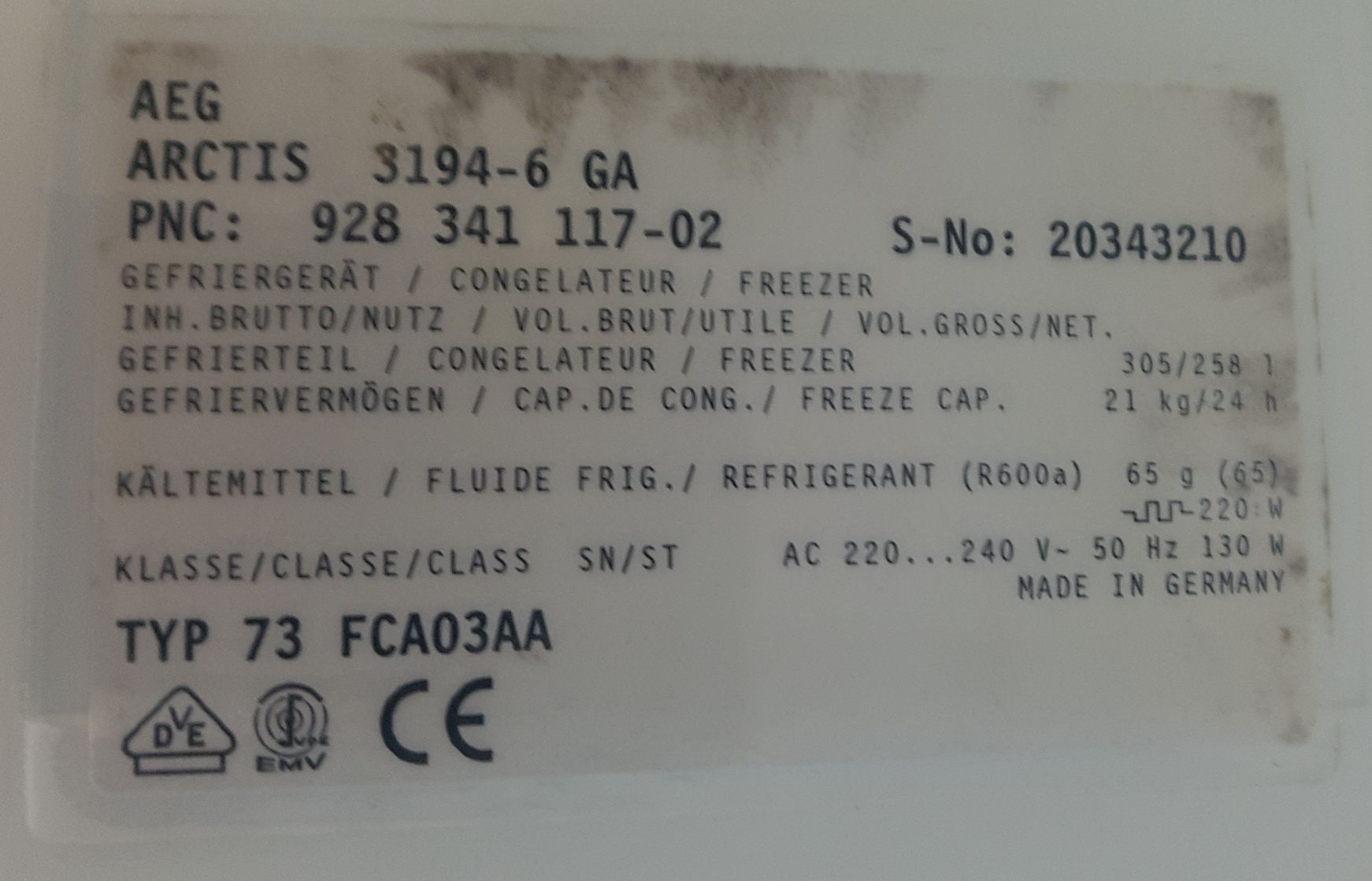 Холодильна камера AEG NO FROST  3194-6 GA. А++ .Розмір В 190 Ш65 Г65