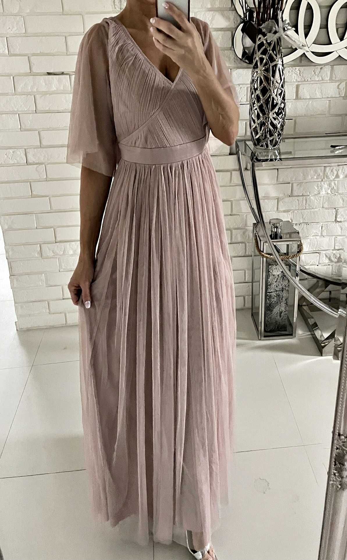 Sukienka maxi pudrowy róż tiul tiulowa Uni M L asos zalando
