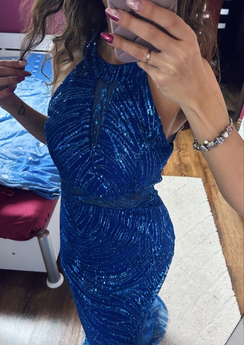 Sukienka maxi długa zdobiona niebieska cekiny brokat s m syrenka butik