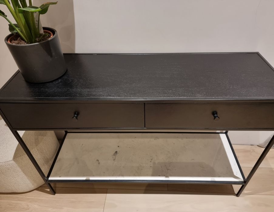 Konsola drewno metal z półką z marmuru