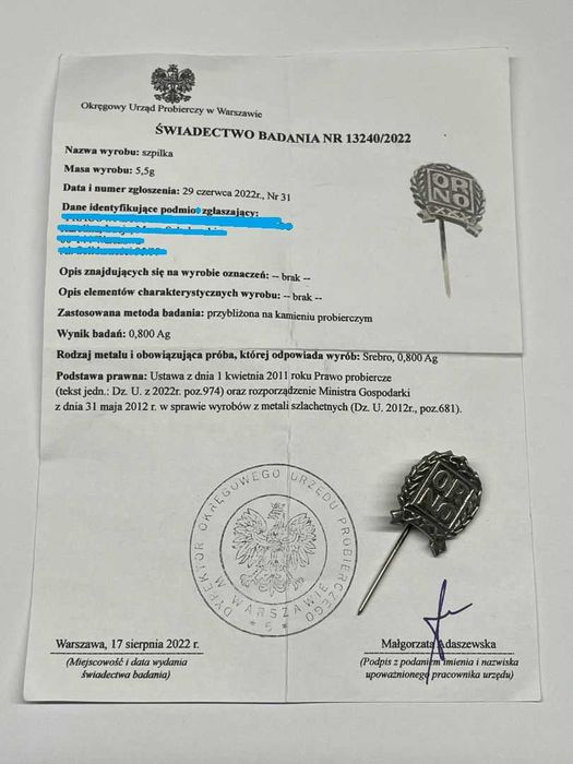 Warszawska Srebrna Szpilka - 5,54g - NAGRODA ORNO - KRAKÓW