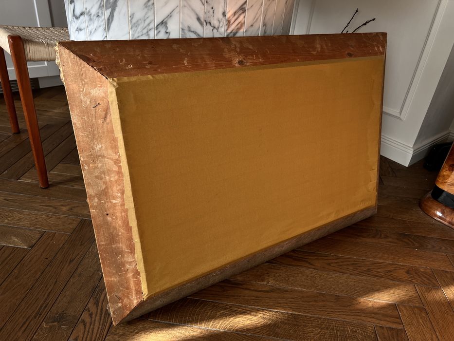 Stary duży obraz olejny antyk pejzaż drzewa las 1950 vintage zlota