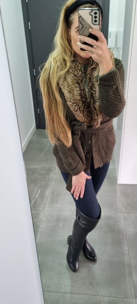 Sweter kardigan Zara Knit 38 M futerko futrzany kołnierz