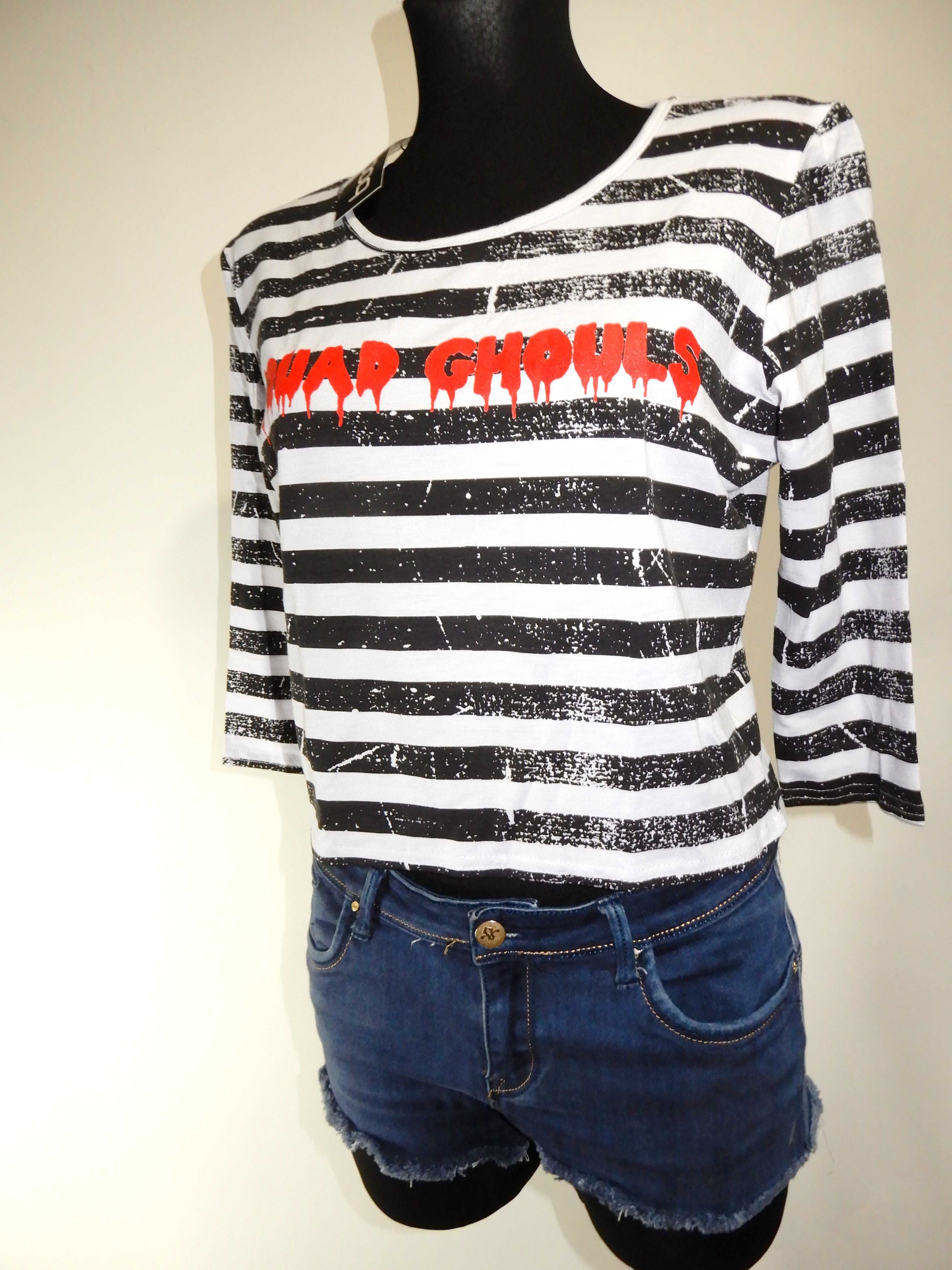 Crop top bluzka krótka paski biała Squad Ghouls paski napisy Boohoo 38