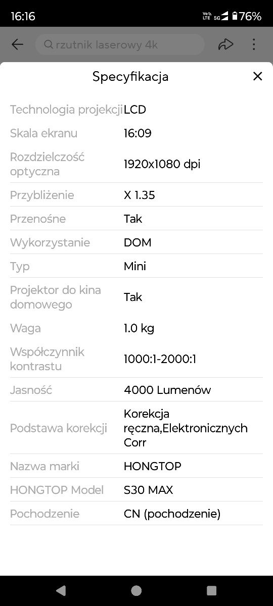 Projektor Hangtop S30Max Android WiFi Bluetooth