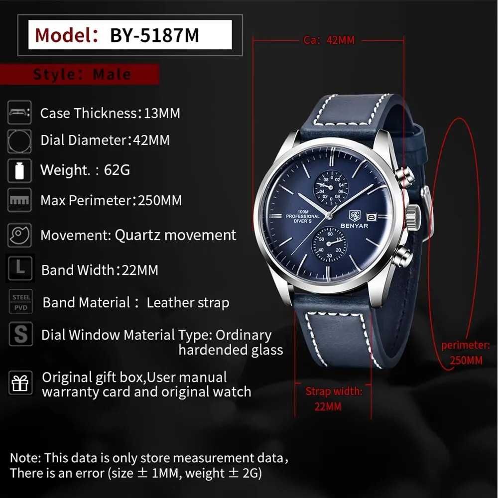 Zegarek męski Benyar niebieska tarcza chronograf wodoszczelny 100m