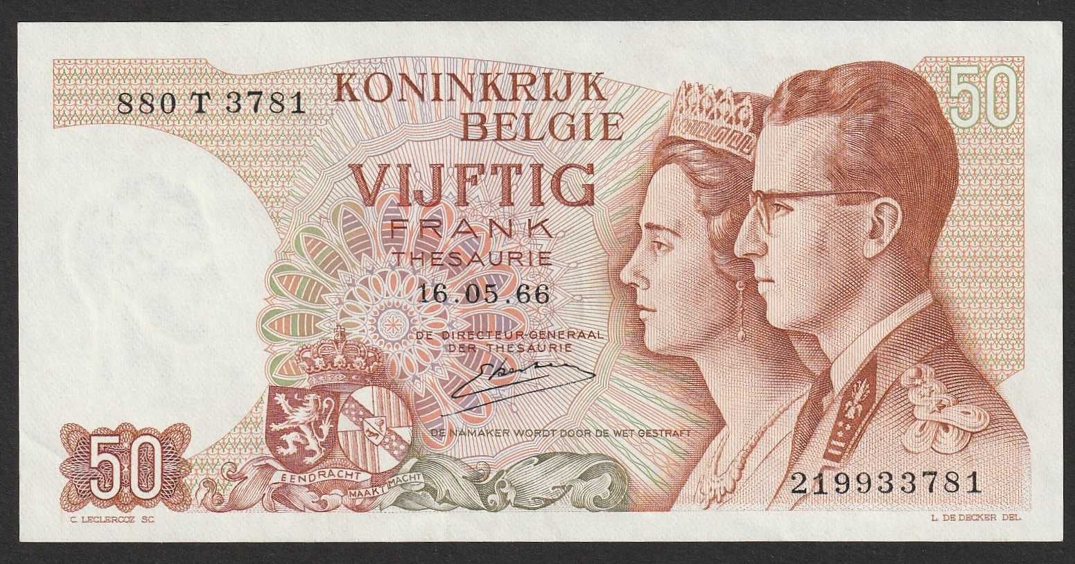 Belgia 50 franków 1966 - król + królowa - stan bankowy UNC